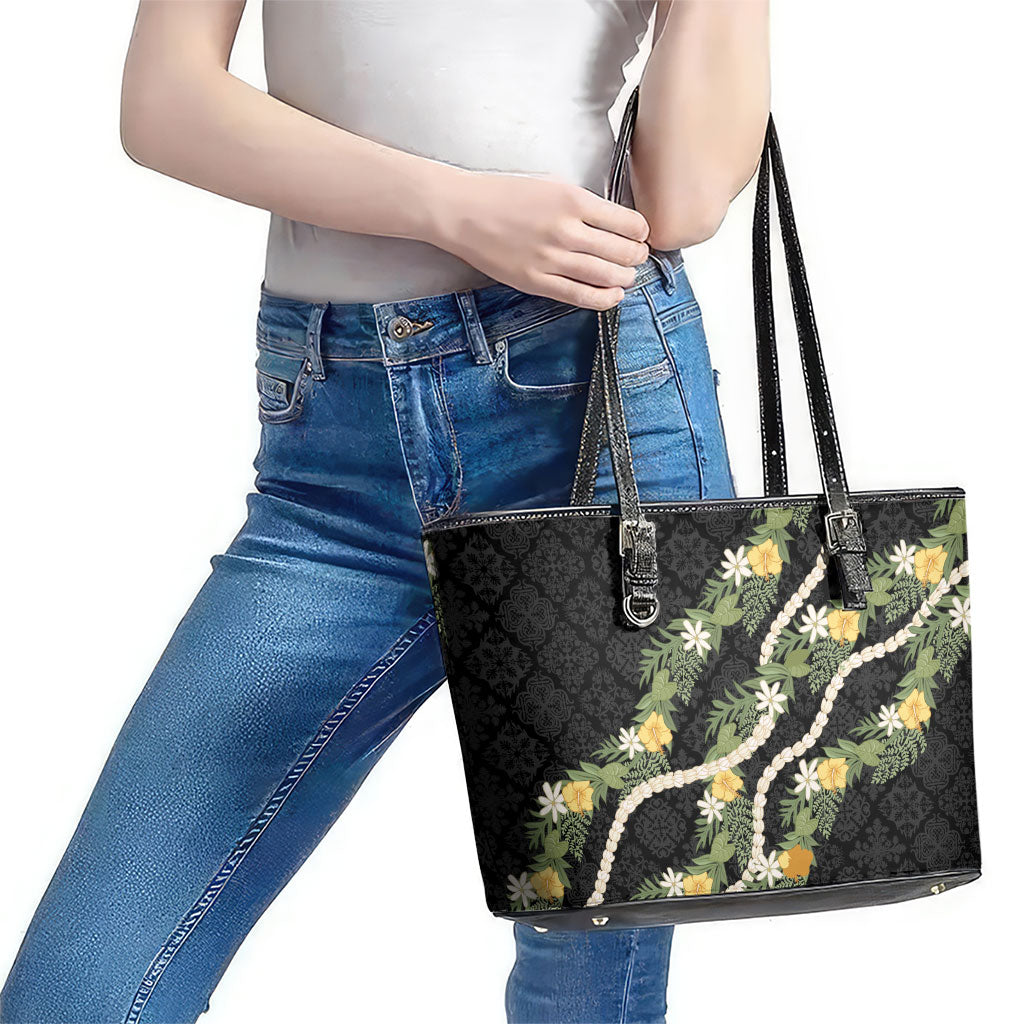 Puakenikeni Anthurium Pikake Lei Leather Tote Bag Hawaiian Quilt Pattern LT9 - Polynesian Pride