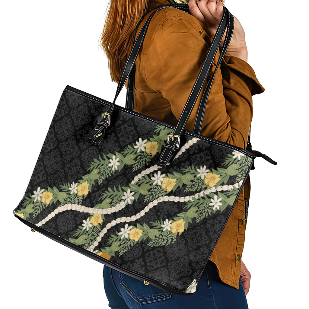 Puakenikeni Anthurium Pikake Lei Leather Tote Bag Hawaiian Quilt Pattern LT9 - Polynesian Pride