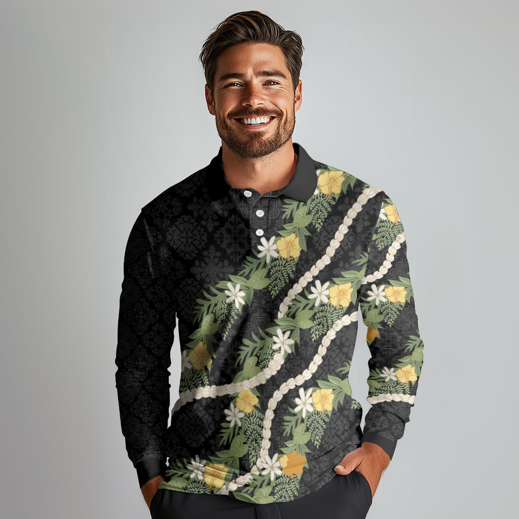 Puakenikeni Anthurium Pikake Lei Long Sleeve Polo Shirt Hawaiian Quilt Pattern LT9 - Polynesian Pride