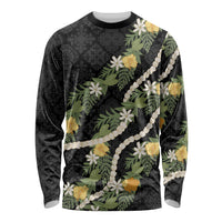 Puakenikeni Anthurium Pikake Lei Long Sleeve Shirt Hawaiian Quilt Pattern LT9 Unisex Black - Polynesian Pride
