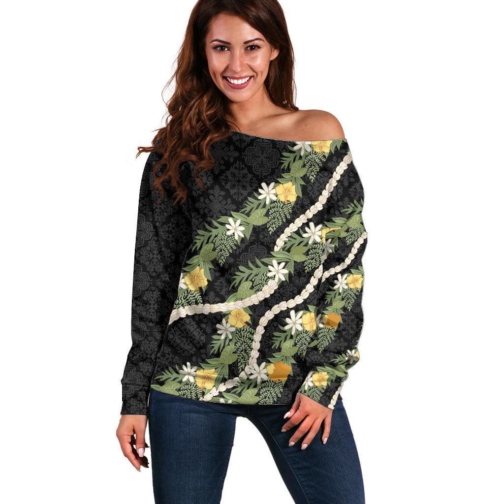 Puakenikeni Anthurium Pikake Lei Off Shoulder Sweater Hawaiian Quilt Pattern LT9 Women Black - Polynesian Pride