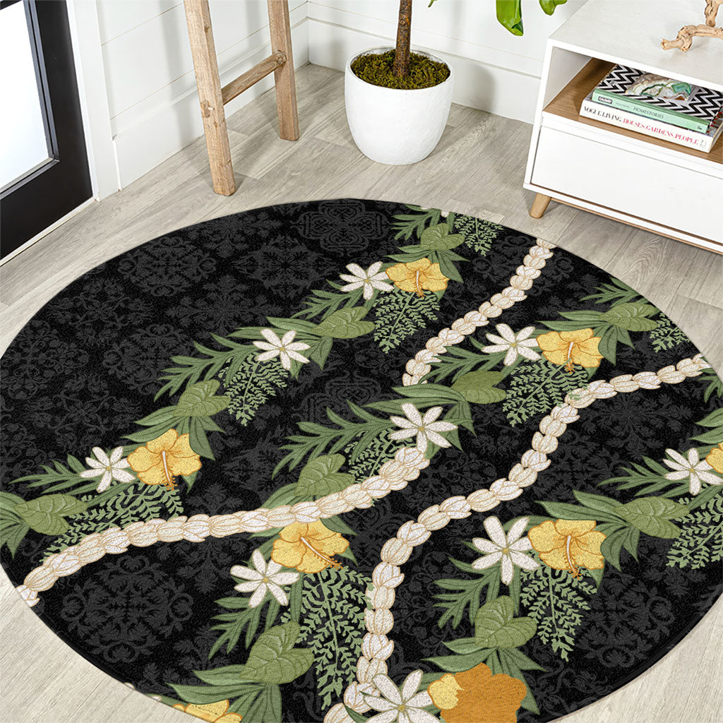 Puakenikeni Anthurium Pikake Lei Round Carpet Hawaiian Quilt Pattern LT9 Black - Polynesian Pride