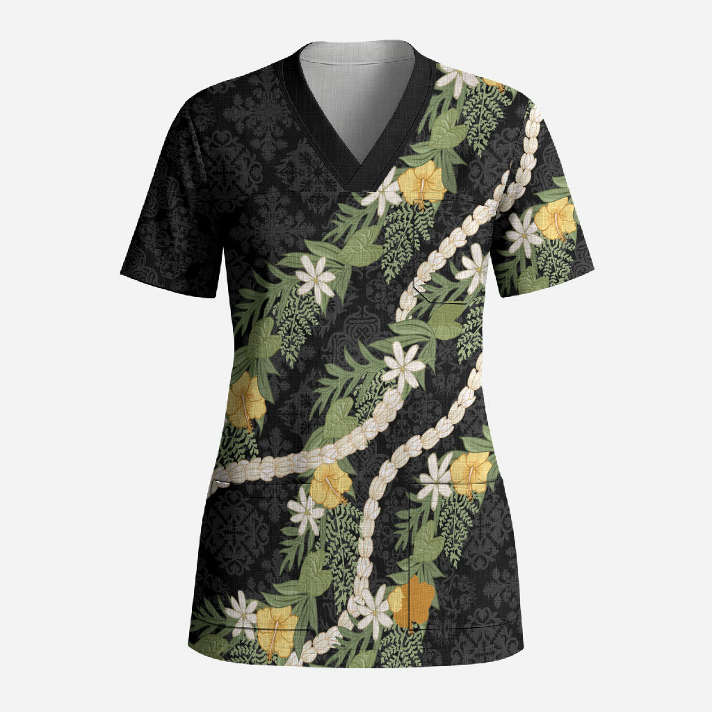 Puakenikeni Anthurium Pikake Lei Scrub Top Hawaiian Quilt Pattern LT9 Adult Black - Polynesian Pride