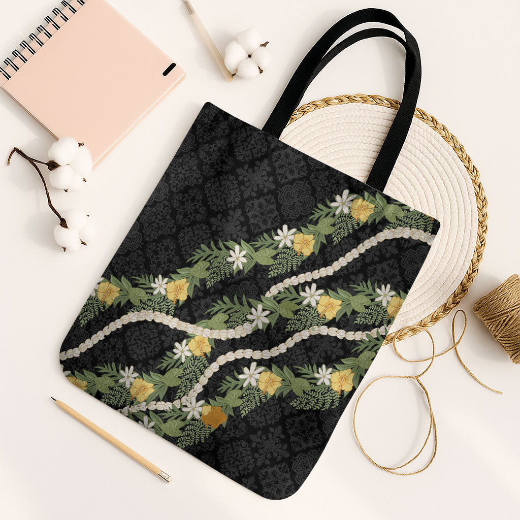 Puakenikeni Anthurium Pikake Lei Tote Bag Hawaiian Quilt Pattern LT9 Black Strap One Size Black - Polynesian Pride