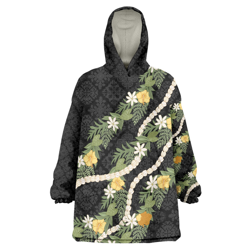 Puakenikeni Anthurium Pikake Lei Wearable Blanket Hoodie Hawaiian Quilt Pattern LT9 One Size Black - Polynesian Pride
