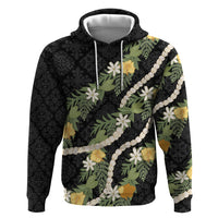 Puakenikeni Anthurium Pikake Lei Zip Hoodie Hawaiian Quilt Pattern LT9 Pullover Hoodie Black - Polynesian Pride