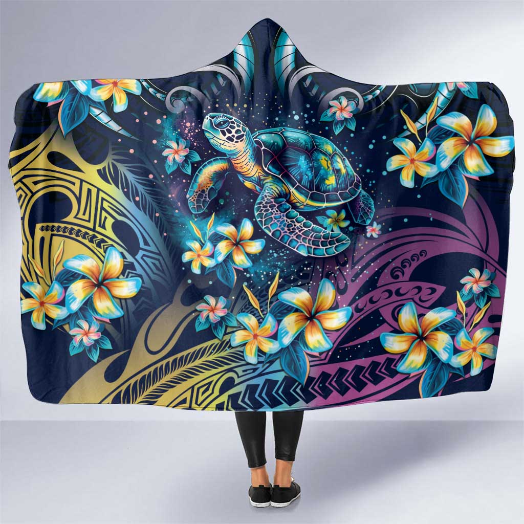 Plumeria Turtles Traditional Tribal Hooded Blanket LT9 One Size Black - Polynesian Pride