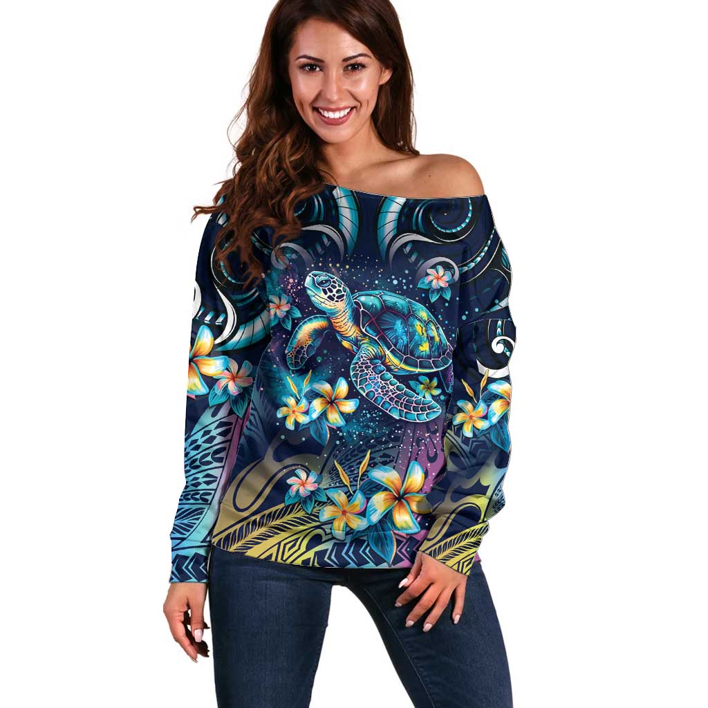 Plumeria Turtles Traditional Tribal Off Shoulder Sweater LT9 Women Black - Polynesian Pride