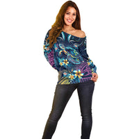 Plumeria Turtles Traditional Tribal Off Shoulder Sweater LT9 - Polynesian Pride