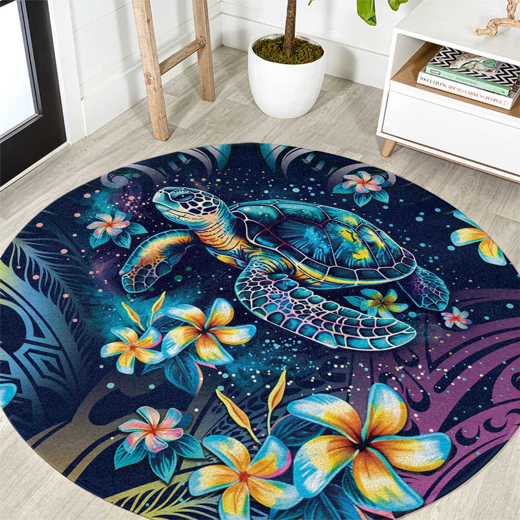 Plumeria Turtles Traditional Tribal Round Carpet LT9 Black - Polynesian Pride