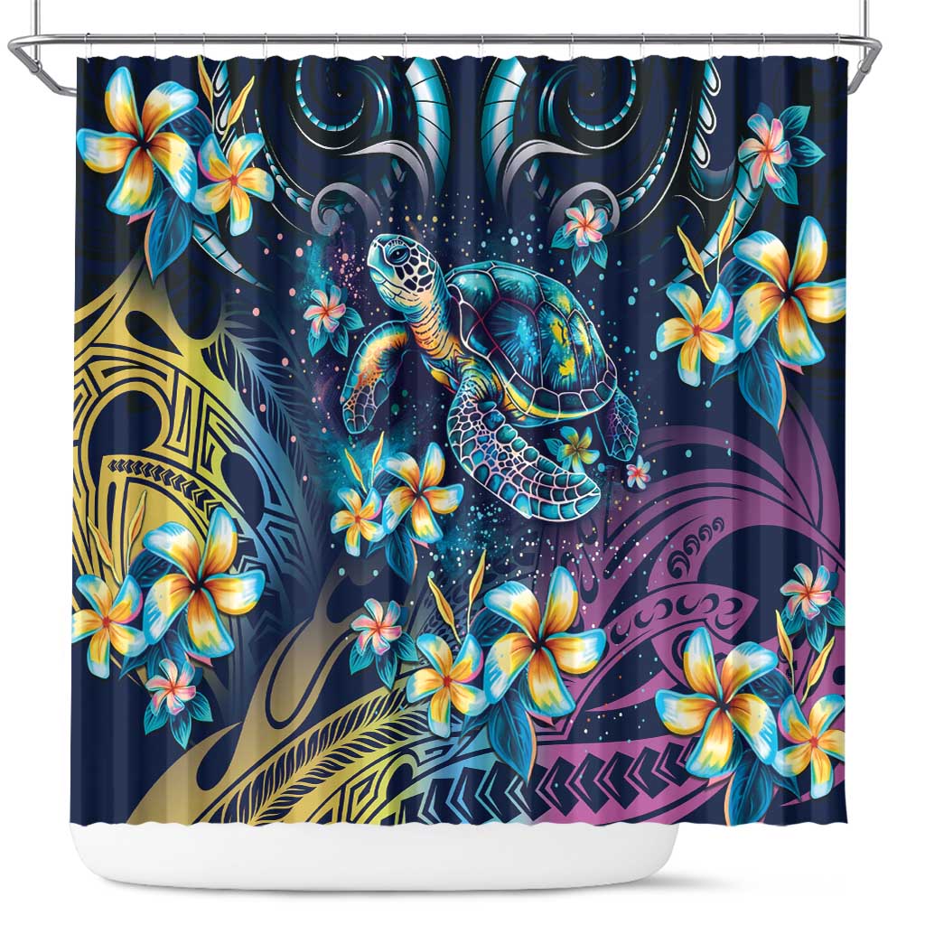Plumeria Turtles Traditional Tribal Shower Curtain LT9 Black - Polynesian Pride