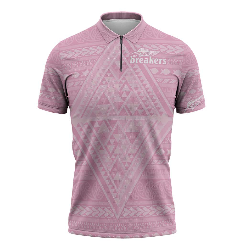 Custom New Zealand Basketball Indigenous Zipper Polo Shirt LT9 Pink - Polynesian Pride