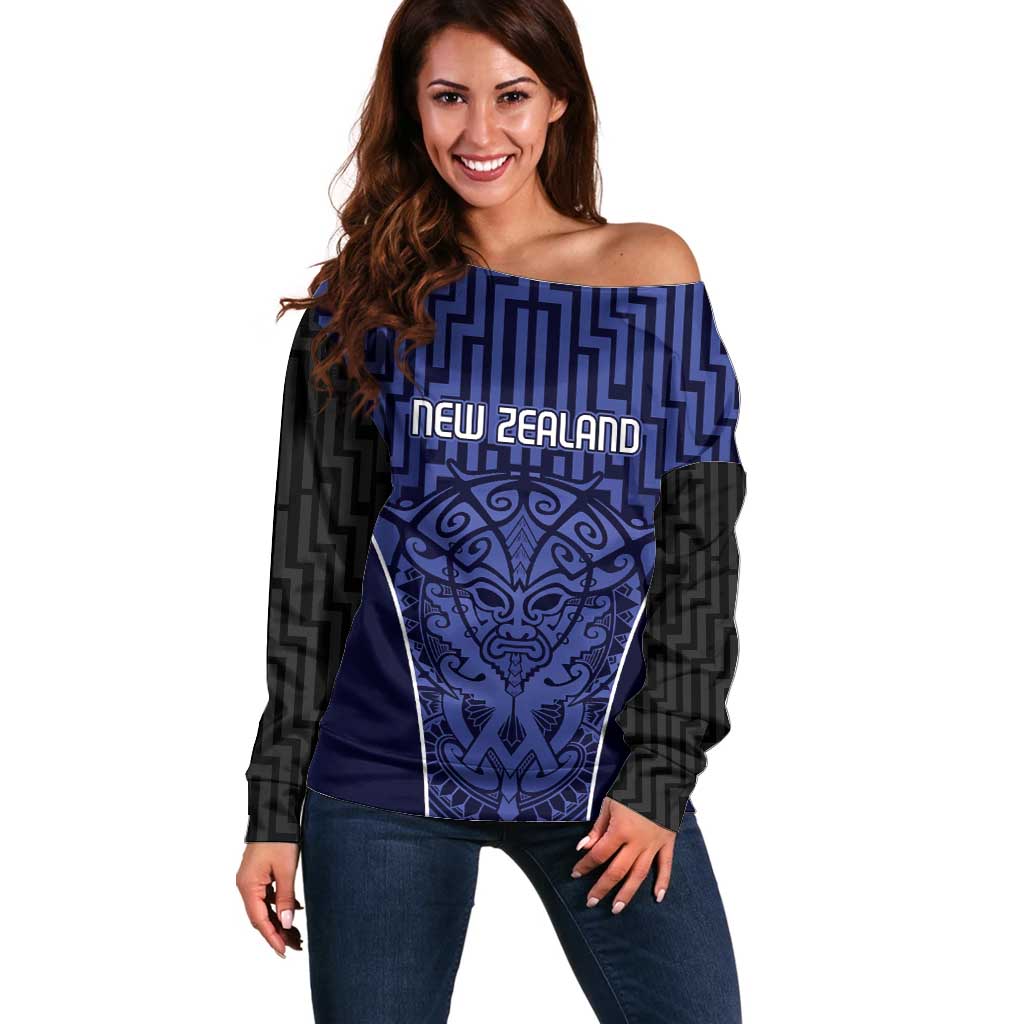 Custom Basketball New Zealand Off Shoulder Sweater Blue Maori Ta Moko Indigenous LT9 Women Blue - Polynesian Pride