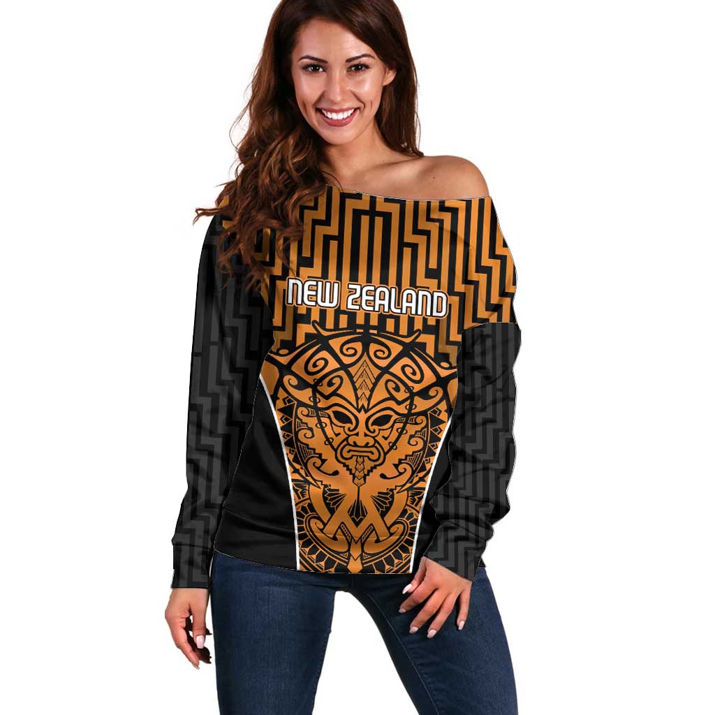 Custom Basketball New Zealand Off Shoulder Sweater Gold Maori Ta Moko Indigenous LT9 Women Gold - Polynesian Pride