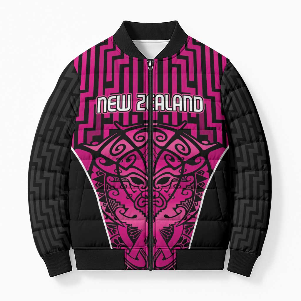Custom Basketball New Zealand Bomber Puffer Jacket Pink Maori Ta Moko Indigenous LT9 Unisex Pink - Polynesian Pride