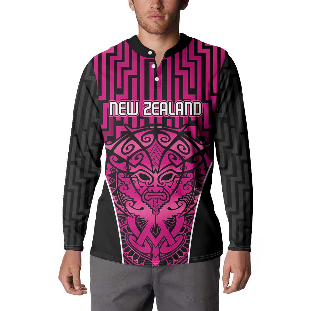 Custom Basketball New Zealand Button Sweatshirt Pink Maori Ta Moko Indigenous LT9 - Polynesian Pride