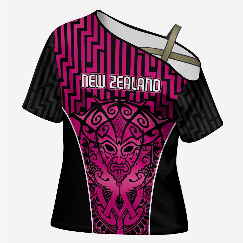 Custom Basketball New Zealand Cross Shoulder Shirt Pink Maori Ta Moko Indigenous LT9 Female Pink - Polynesian Pride