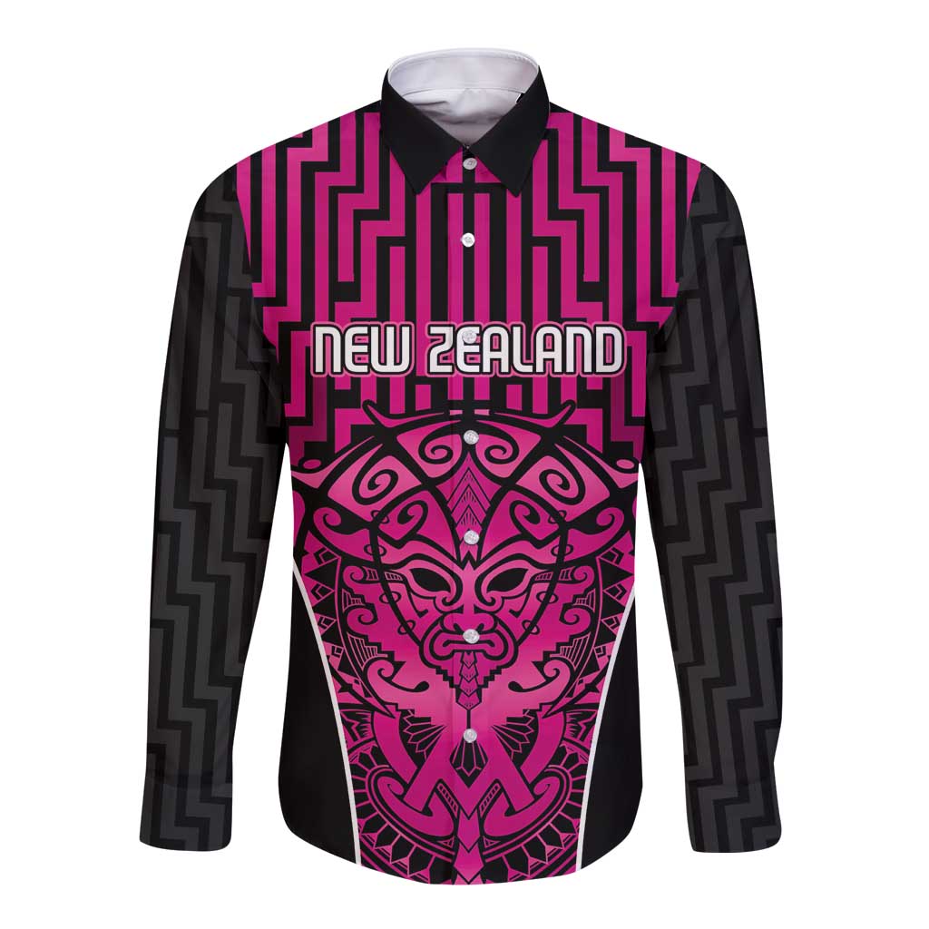Custom Basketball New Zealand Long Sleeve Button Shirt Pink Maori Ta Moko Indigenous LT9 Unisex Pink - Polynesian Pride
