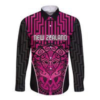Custom Basketball New Zealand Long Sleeve Button Shirt Pink Maori Ta Moko Indigenous LT9 Unisex Pink - Polynesian Pride