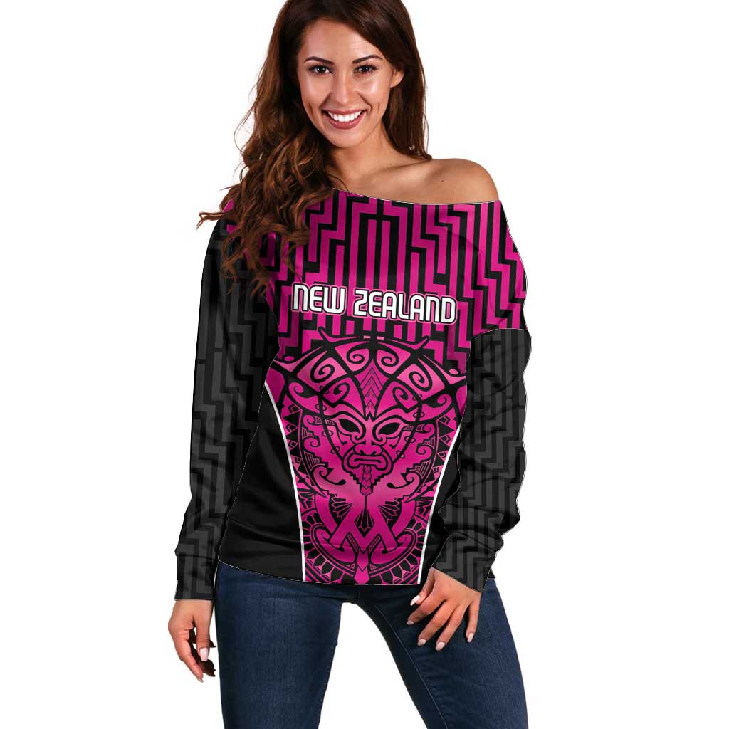 Custom Basketball New Zealand Off Shoulder Sweater Pink Maori Ta Moko Indigenous LT9 Women Pink - Polynesian Pride