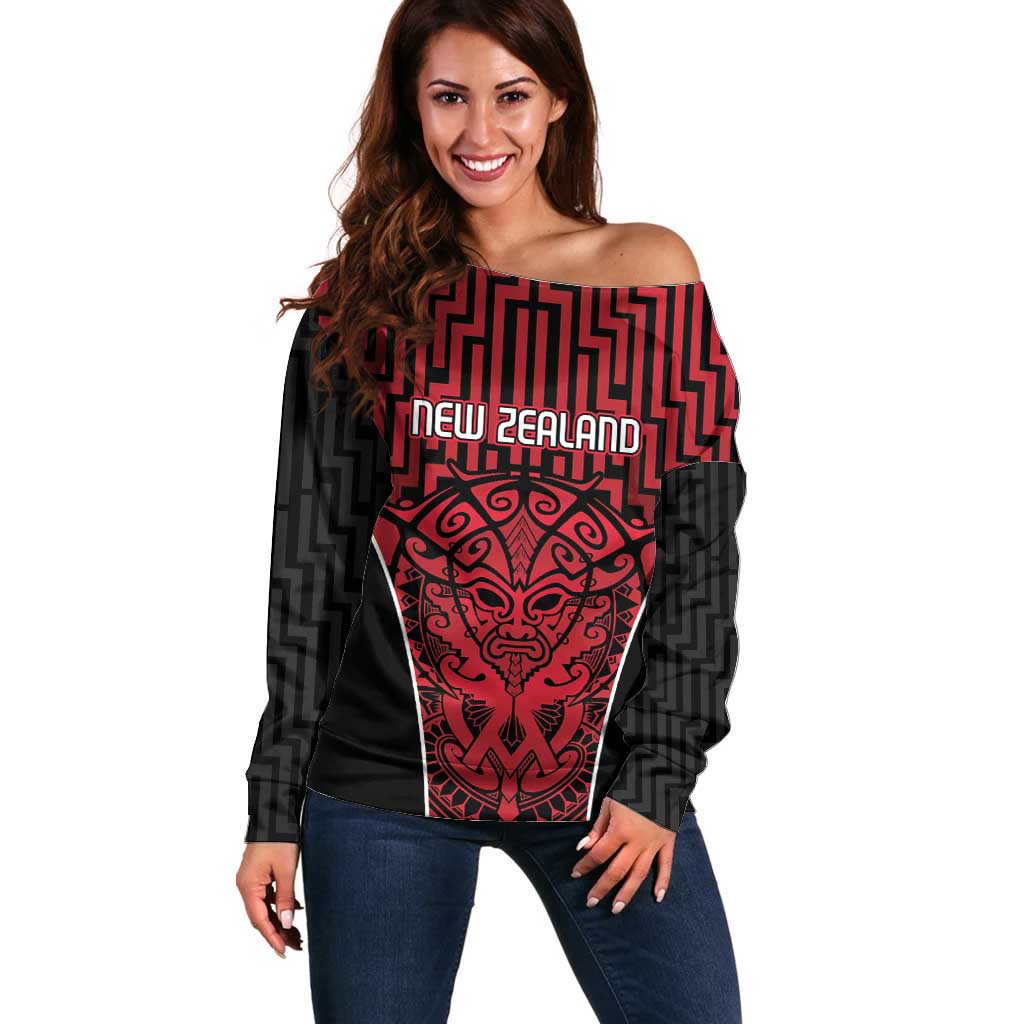 Custom Basketball New Zealand Off Shoulder Sweater Red Maori Ta Moko Indigenous LT9 Women Red - Polynesian Pride