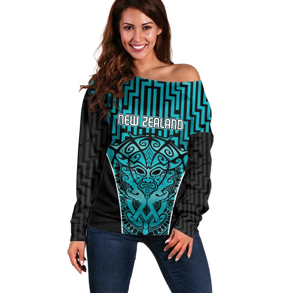 Custom Basketball New Zealand Off Shoulder Sweater Teal Maori Ta Moko Indigenous LT9 Women Teal - Polynesian Pride