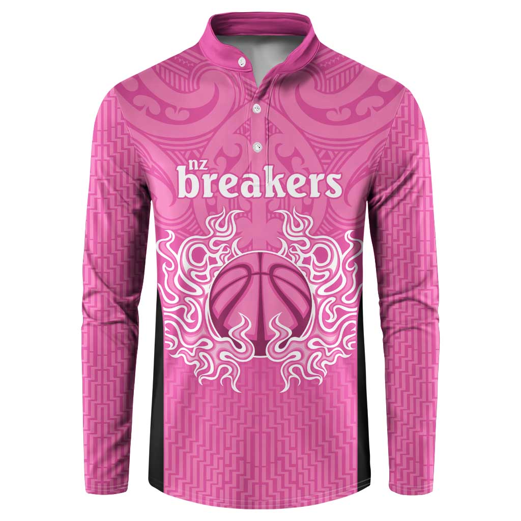 New Zealand Custom Button Sweatshirt Fire Basketball Maori Tribal Pink LT9 Pink - Polynesian Pride