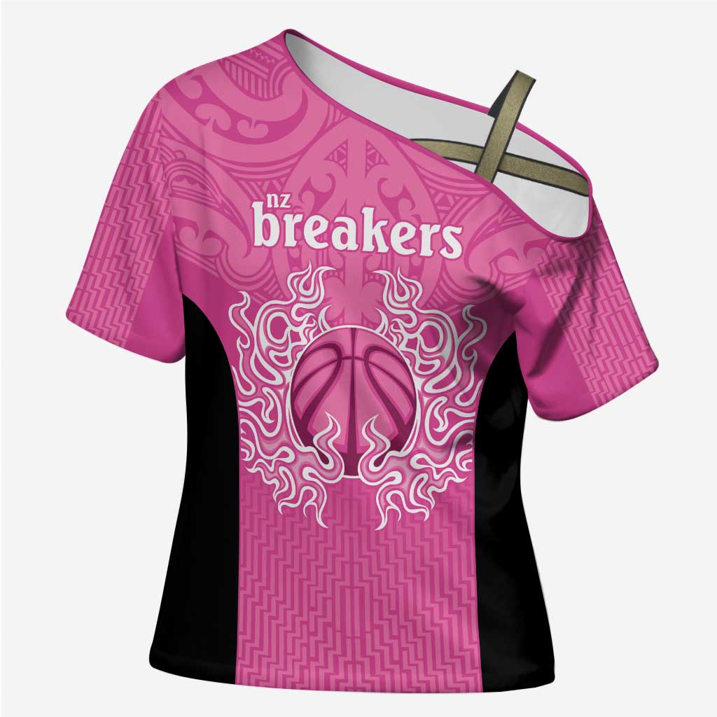 New Zealand Custom Cross Shoulder Shirt Fire Basketball Maori Tribal Pink LT9 Female Pink - Polynesian Pride