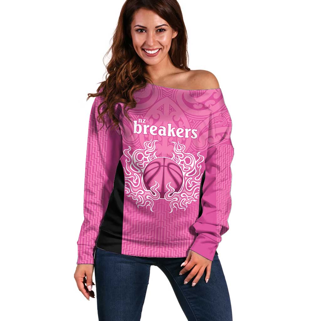 New Zealand Custom Off Shoulder Sweater Fire Basketball Maori Tribal Pink LT9 Women Pink - Polynesian Pride