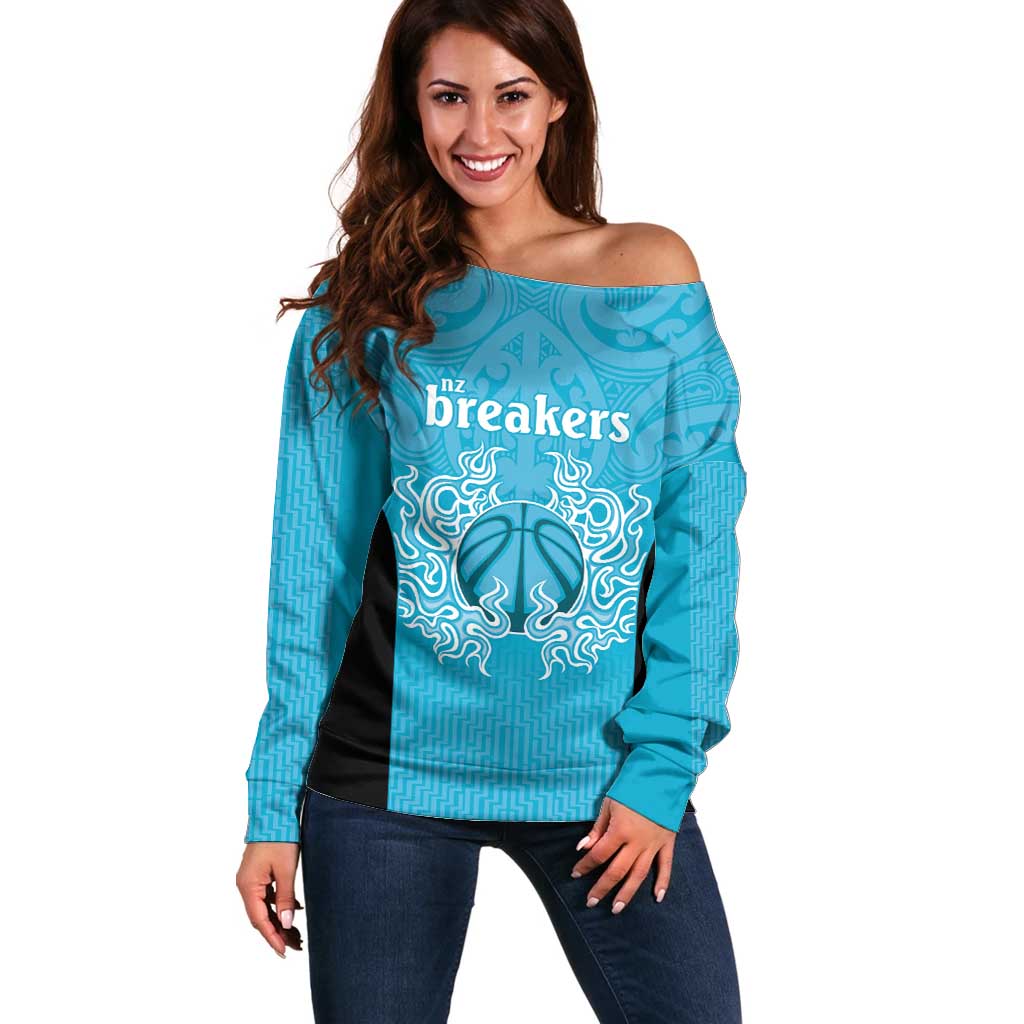 New Zealand Custom Off Shoulder Sweater Fire Basketball Maori Tribal Sky Blue LT9 Women Blue - Polynesian Pride