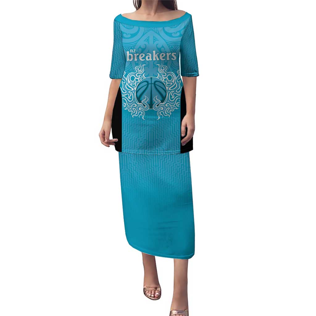 New Zealand Custom Puletasi Fire Basketball Maori Tribal Sky Blue LT9 Long Dress Blue - Polynesian Pride