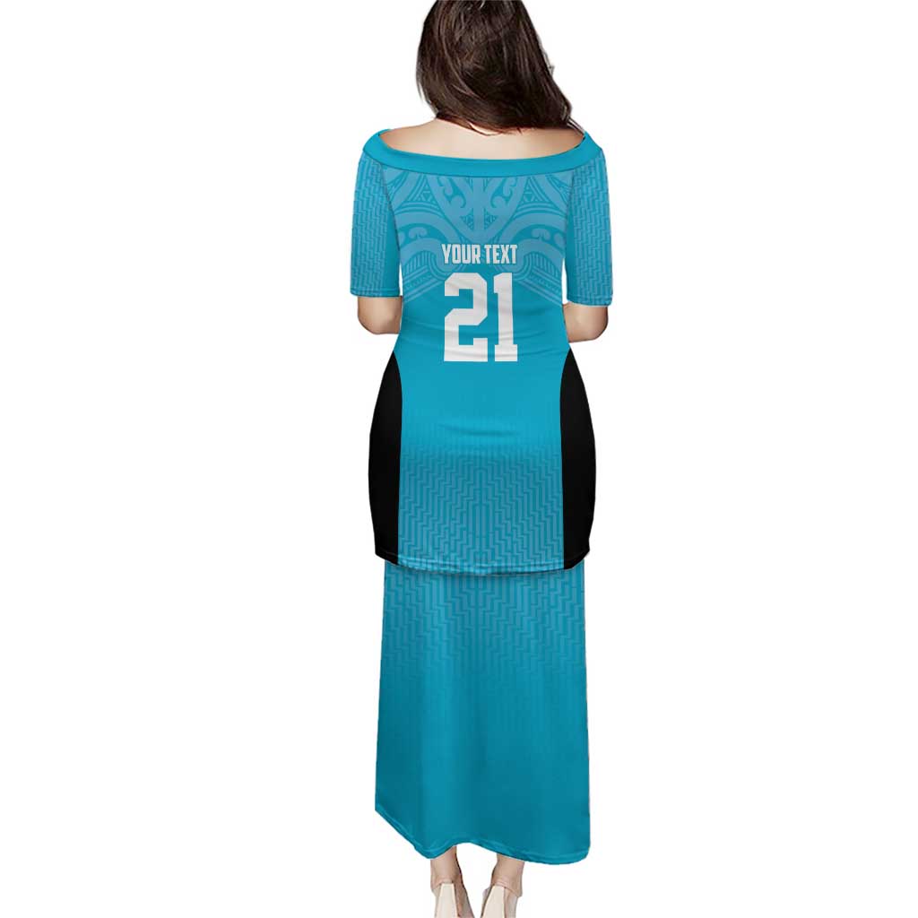 New Zealand Custom Puletasi Fire Basketball Maori Tribal Sky Blue LT9 - Polynesian Pride