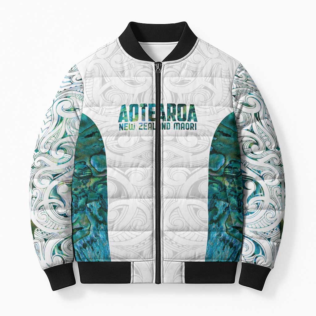 Custom New Zealand Aotearoa Bomber Puffer Jacket Green Maori Paua Shell Indigenous LT9 Unisex Green - Polynesian Pride