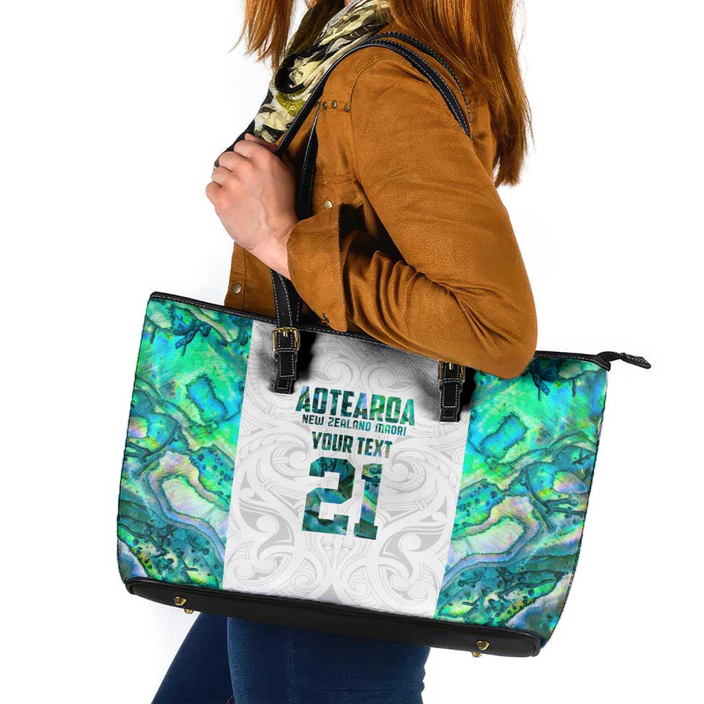 Custom New Zealand Aotearoa Leather Tote Bag Green Maori Paua Shell Indigenous LT9 Green - Polynesian Pride