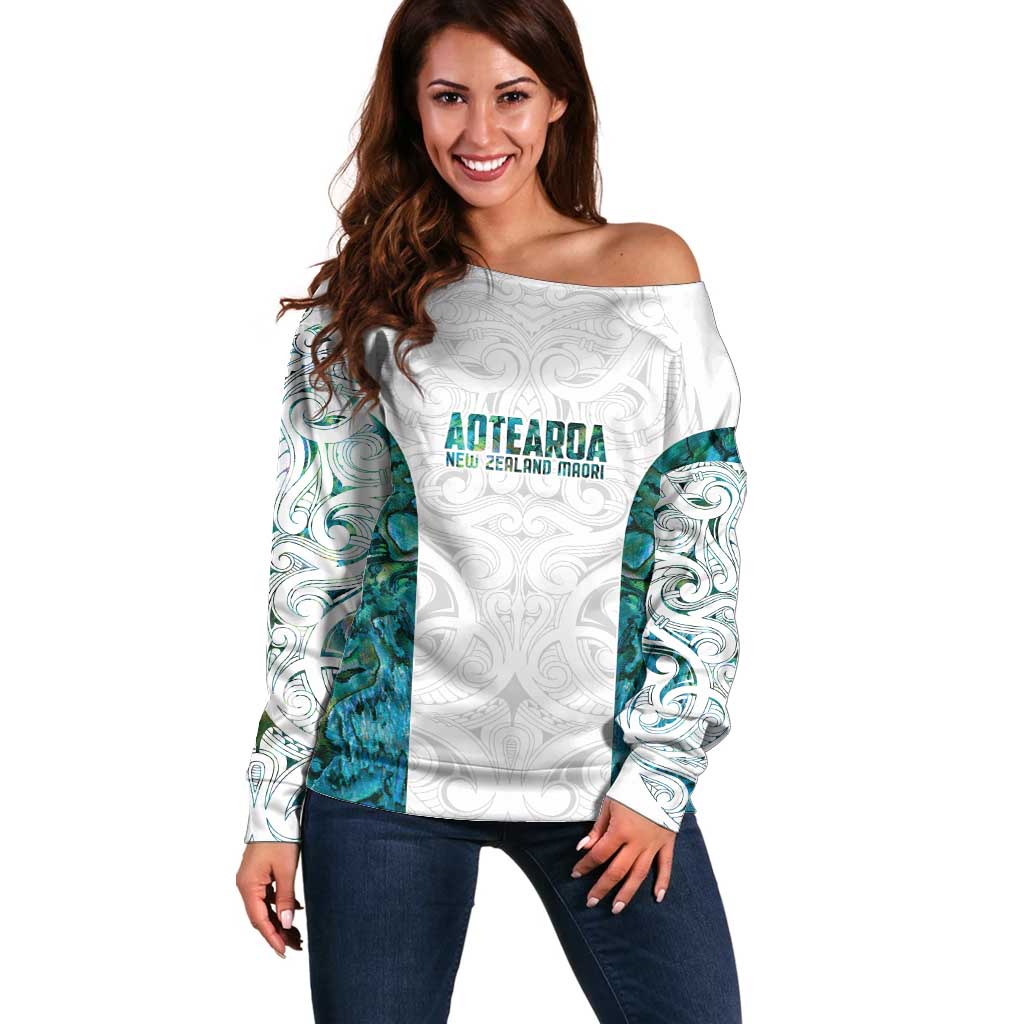 Custom New Zealand Aotearoa Off Shoulder Sweater Green Maori Paua Shell Indigenous LT9 Women Green - Polynesian Pride