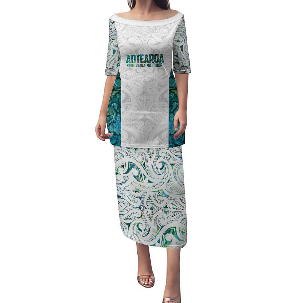 Custom New Zealand Aotearoa Puletasi Green Maori Paua Shell Indigenous LT9 Long Dress Green - Polynesian Pride