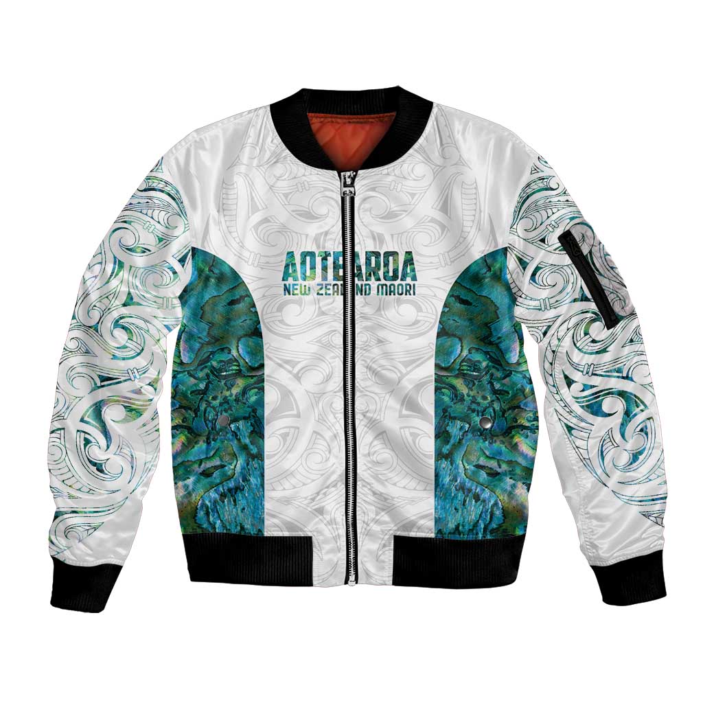 Custom New Zealand Aotearoa Sleeve Zip Bomber Jacket Green Maori Paua Shell Indigenous LT9 Unisex Green - Polynesian Pride