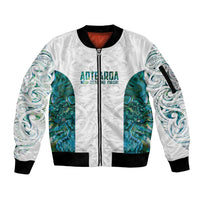 Custom New Zealand Aotearoa Sleeve Zip Bomber Jacket Green Maori Paua Shell Indigenous LT9 Unisex Green - Polynesian Pride