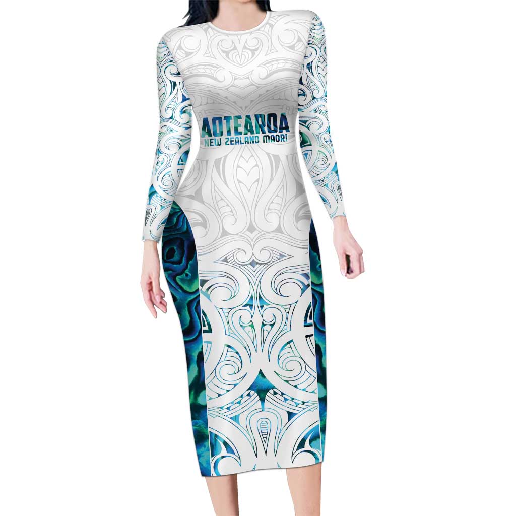 Custom New Zealand Aotearoa Long Sleeve Bodycon Dress Maori Paua Shell Indigenous LT9 Long Dress Blue - Polynesian Pride