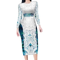 Custom New Zealand Aotearoa Long Sleeve Bodycon Dress Maori Paua Shell Indigenous LT9 Long Dress Blue - Polynesian Pride
