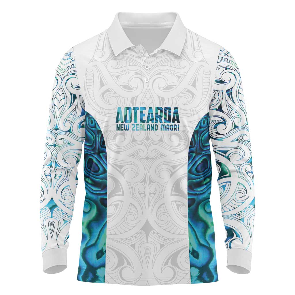 Custom New Zealand Aotearoa Long Sleeve Polo Shirt Maori Paua Shell Indigenous LT9 Blue - Polynesian Pride