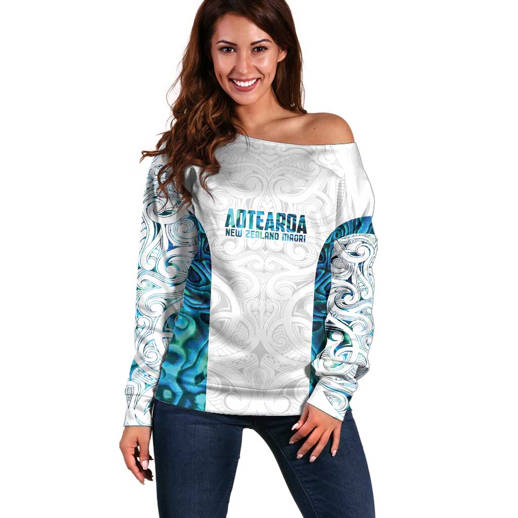 Custom New Zealand Aotearoa Off Shoulder Sweater Maori Paua Shell Indigenous LT9 Women Blue - Polynesian Pride