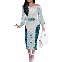 Custom New Zealand Aotearoa Off The Shoulder Long Sleeve Dress Maori Paua Shell Indigenous LT9 Women Blue - Polynesian Pride