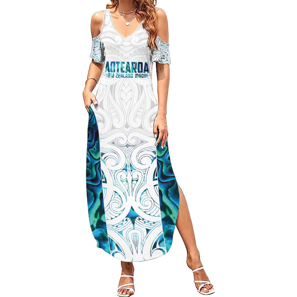 Custom New Zealand Aotearoa Summer Maxi Dress Maori Paua Shell Indigenous LT9 Women Blue - Polynesian Pride