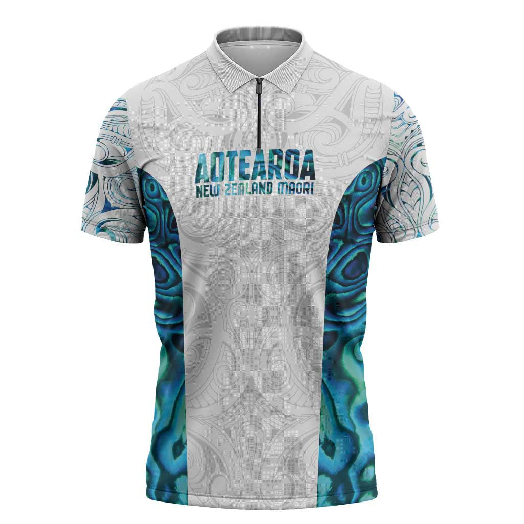 Custom New Zealand Aotearoa Zipper Polo Shirt Maori Paua Shell Indigenous LT9 Blue - Polynesian Pride