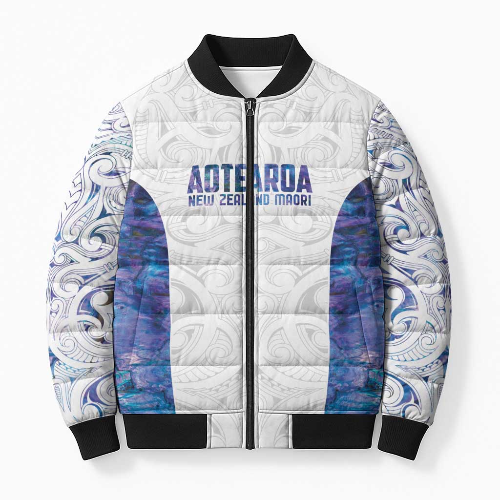 Custom New Zealand Aotearoa Bomber Puffer Jacket Purple Maori Paua Shell Indigenous LT9 Unisex Purple - Polynesian Pride