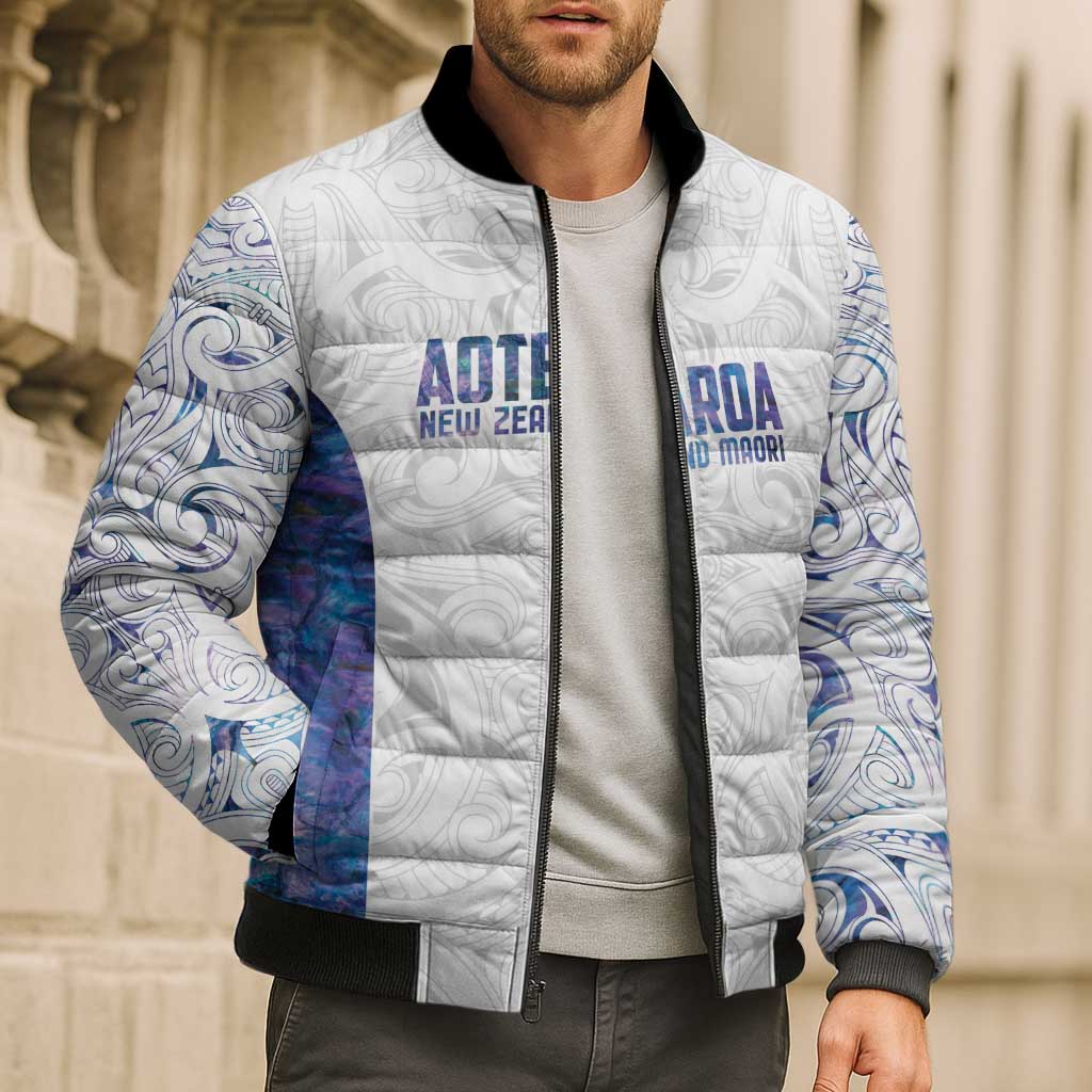 Custom New Zealand Aotearoa Bomber Puffer Jacket Purple Maori Paua Shell Indigenous LT9 - Polynesian Pride
