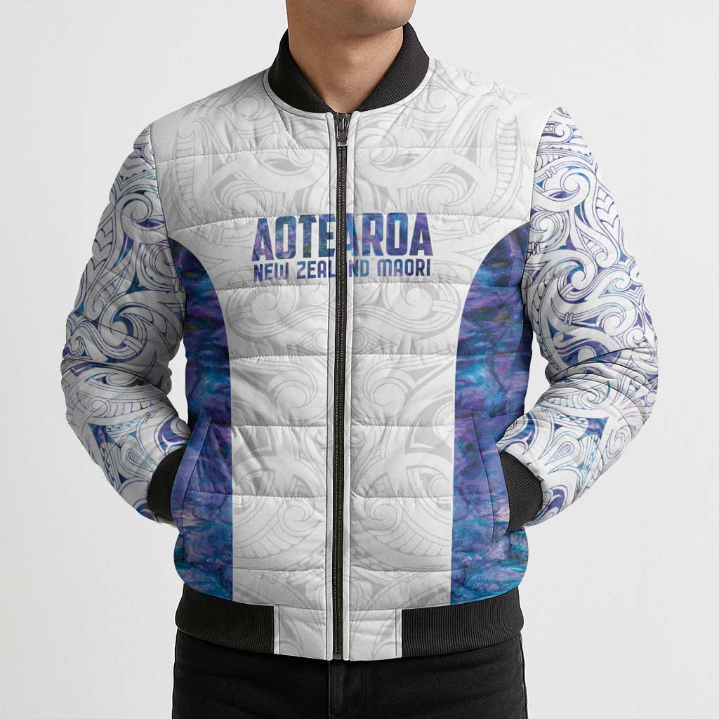 Custom New Zealand Aotearoa Bomber Puffer Jacket Purple Maori Paua Shell Indigenous LT9 - Polynesian Pride