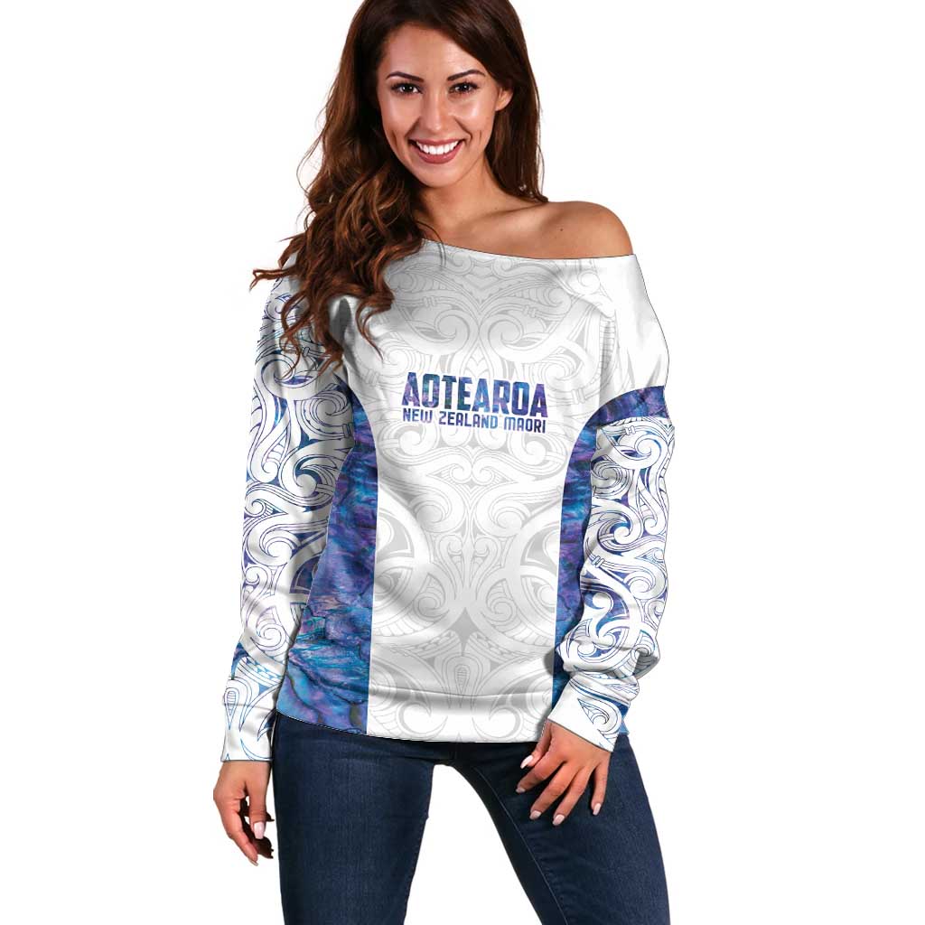 Custom New Zealand Aotearoa Off Shoulder Sweater Purple Maori Paua Shell Indigenous LT9 Women Purple - Polynesian Pride