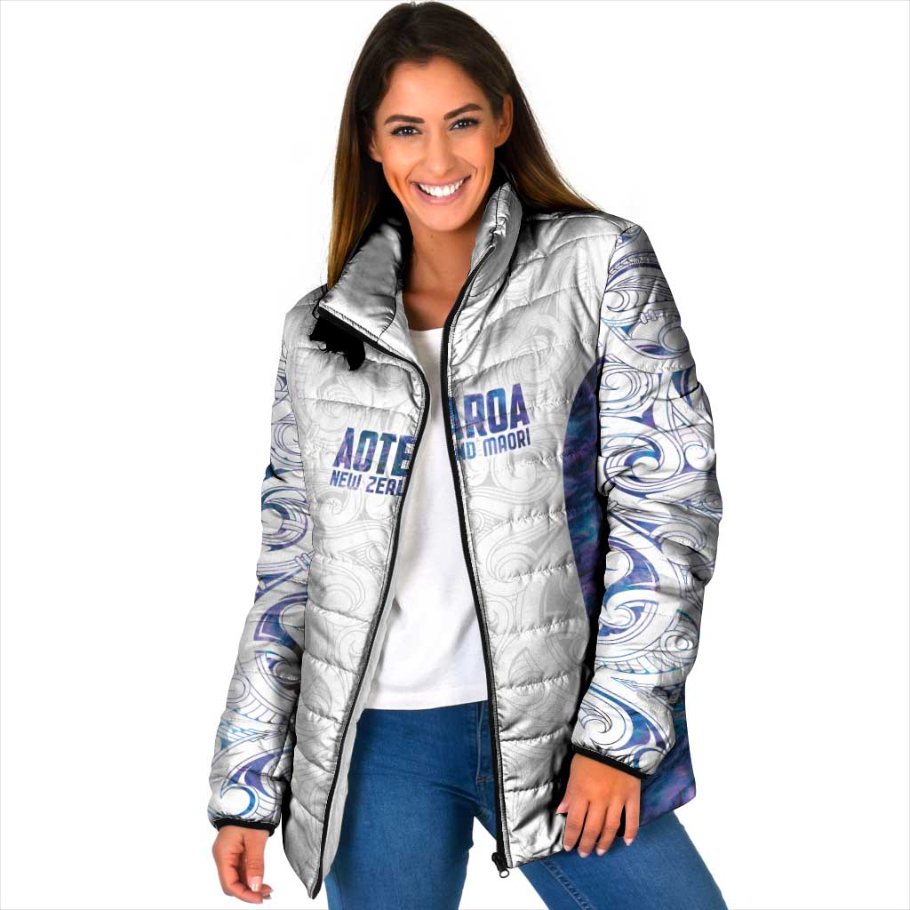 Custom New Zealand Aotearoa Padded Jacket Purple Maori Paua Shell Indigenous LT9 Women Purple - Polynesian Pride